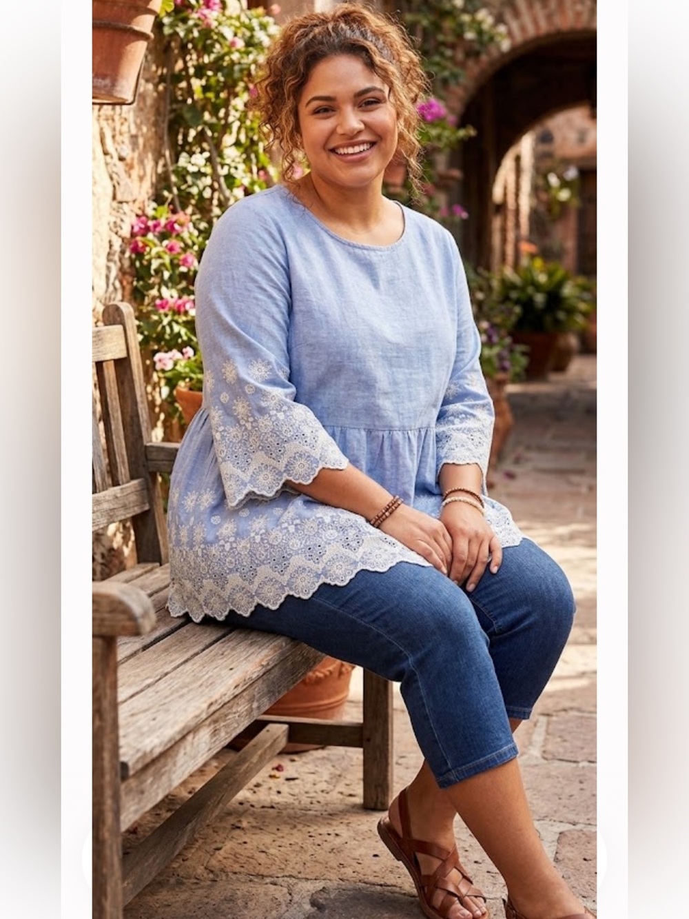 Embroidered Light Blue Peasant Tunic Top - Women's